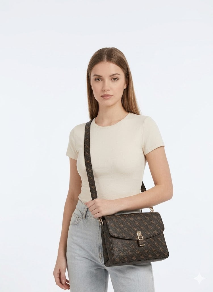 Guess Women’s Monogram Saddle Crossbody Bag – Brown Elegant Flap Bag with Gold Hardware