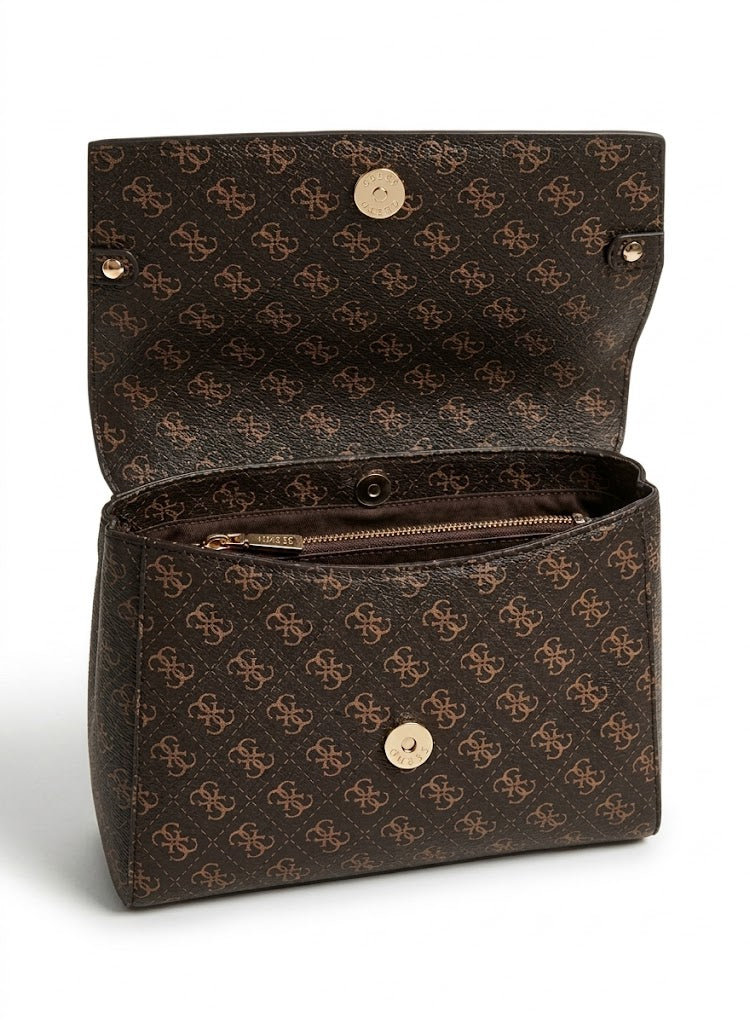 Guess Women’s Monogram Saddle Crossbody Bag – Brown Elegant Flap Bag with Gold Hardware
