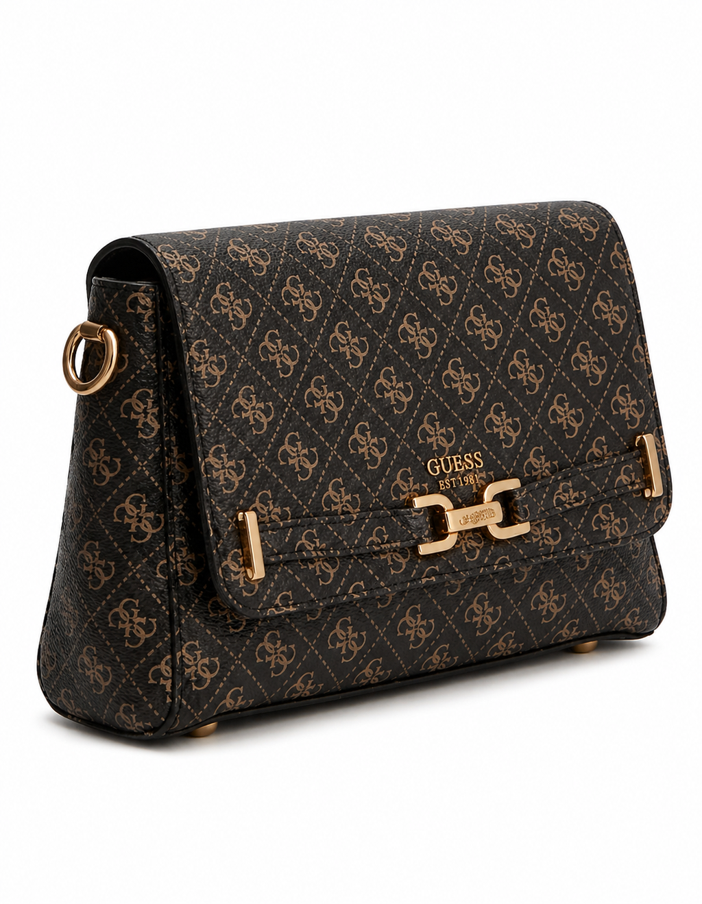 Guess Women’s Monogram Saddle Crossbody Bag – Brown Elegant Flap Bag with Gold Hardware