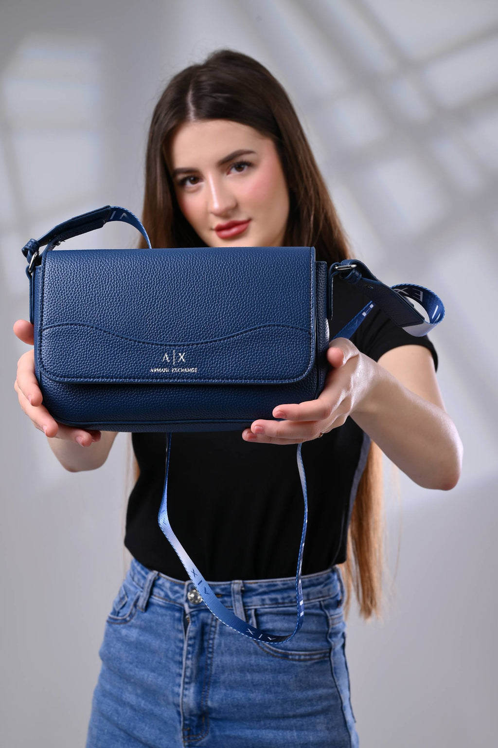 Armani Exchange Logo-Print Leather Crossbody Bag - Navy Blue