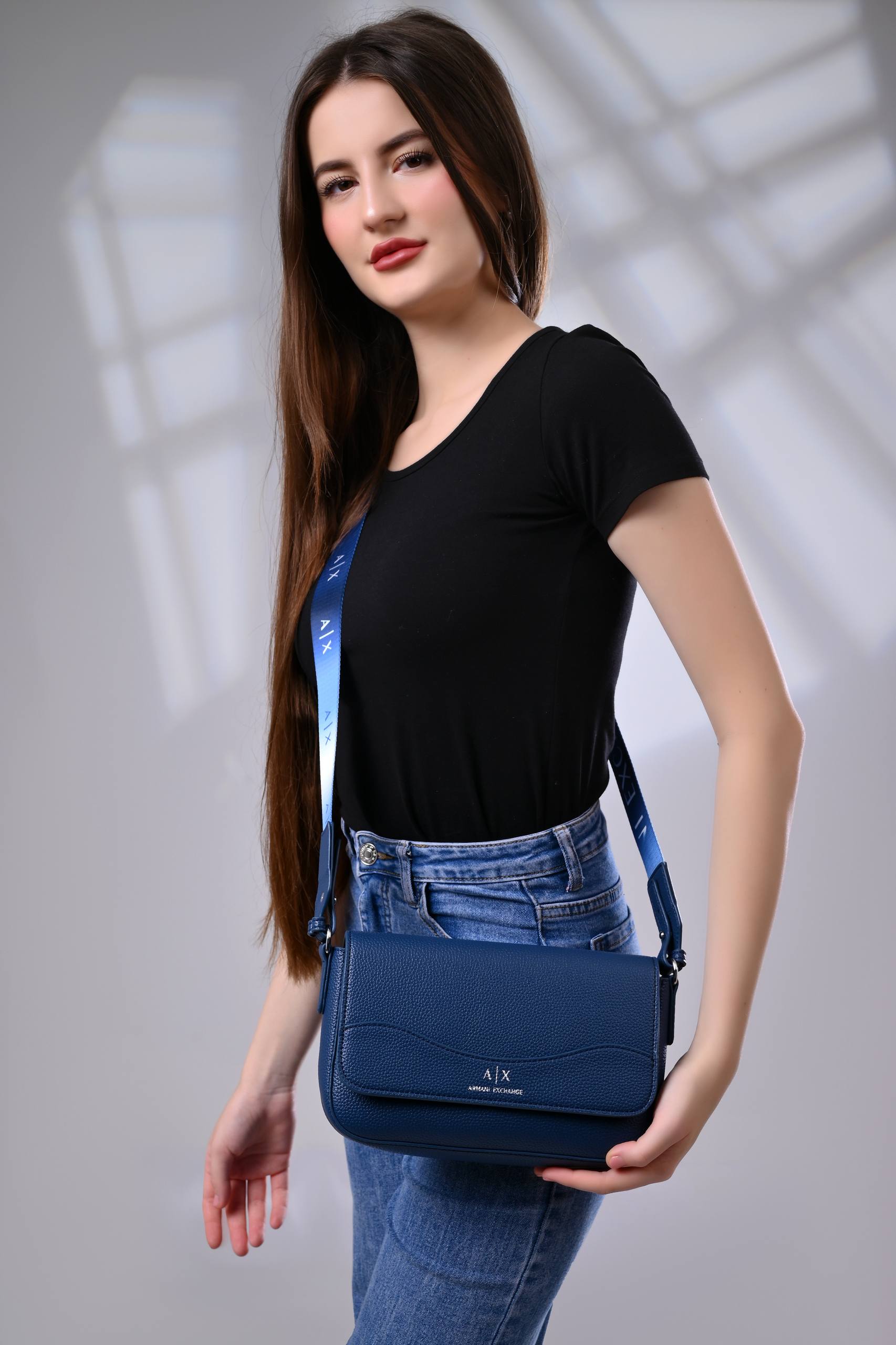 Armani Exchange Logo-Print Leather Crossbody Bag - Navy Blue
