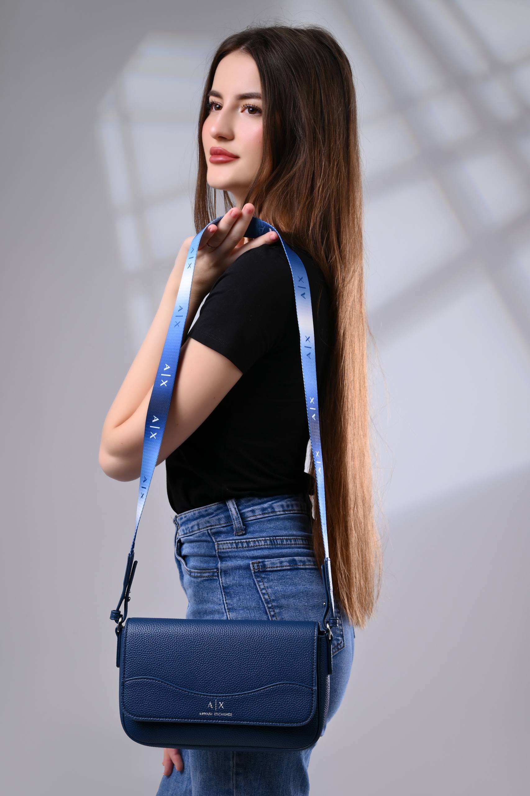 Armani Exchange Logo-Print Leather Crossbody Bag - Navy Blue