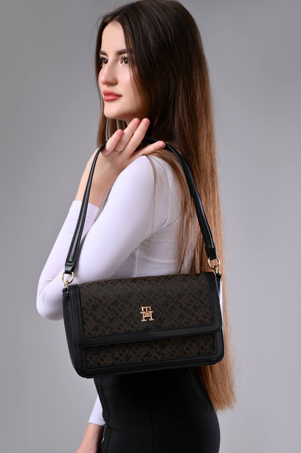 Tommy Hilfiger TH Jacquard Shoulder Bag Dark Brown