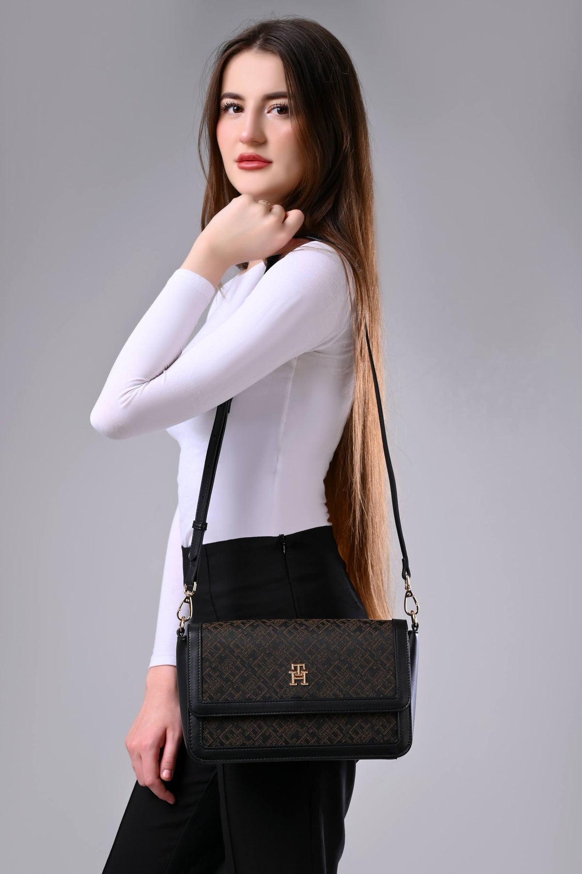 Tommy Hilfiger TH Jacquard Shoulder Bag Dark Brown