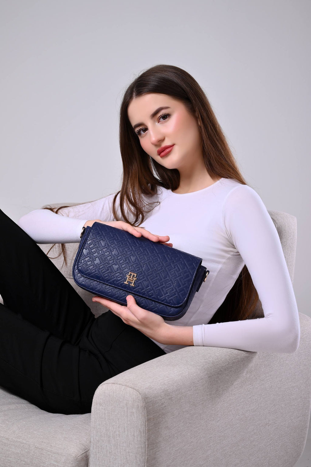 Tommy Hilfiger Navy Blue Monogram Embossed Women’s Crossbody Bag