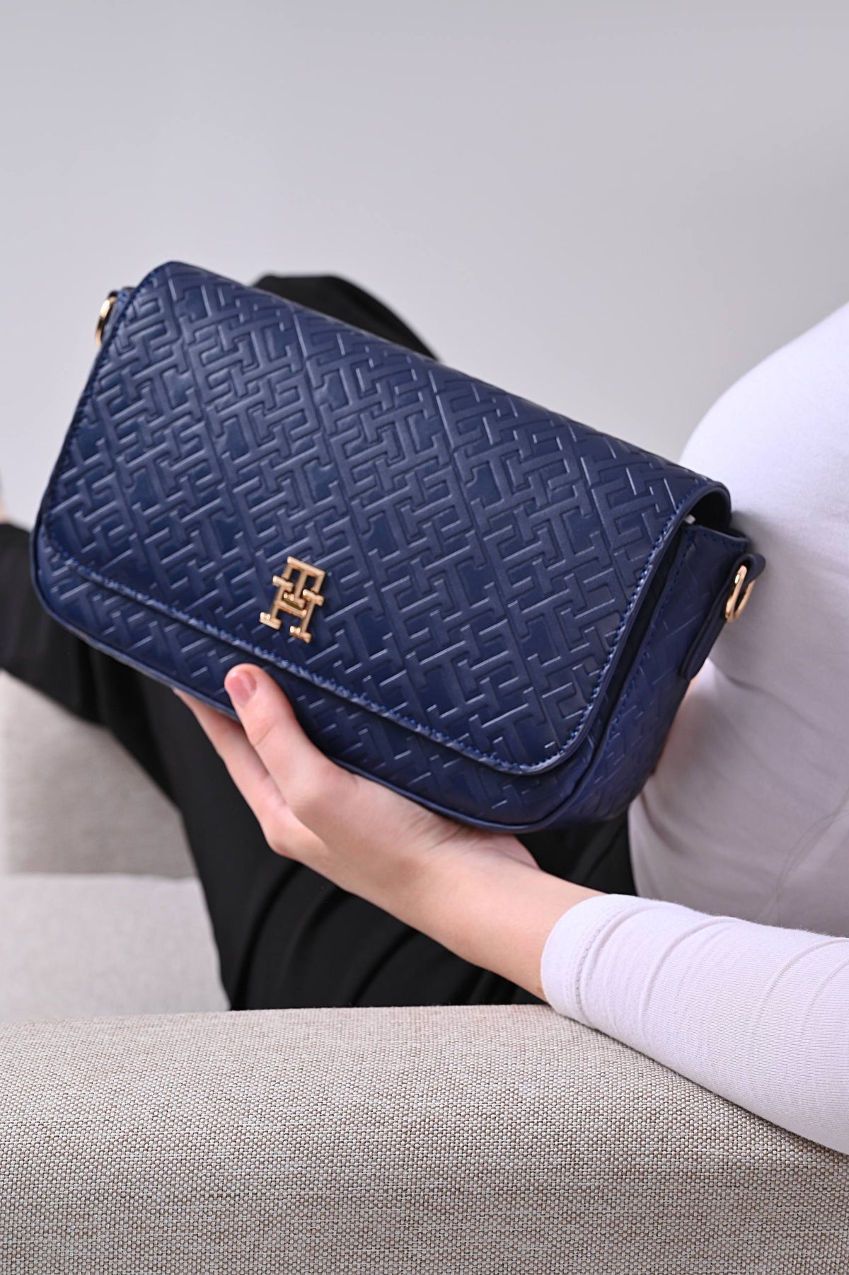 Tommy Hilfiger Navy Blue Monogram Embossed Women’s Crossbody Bag