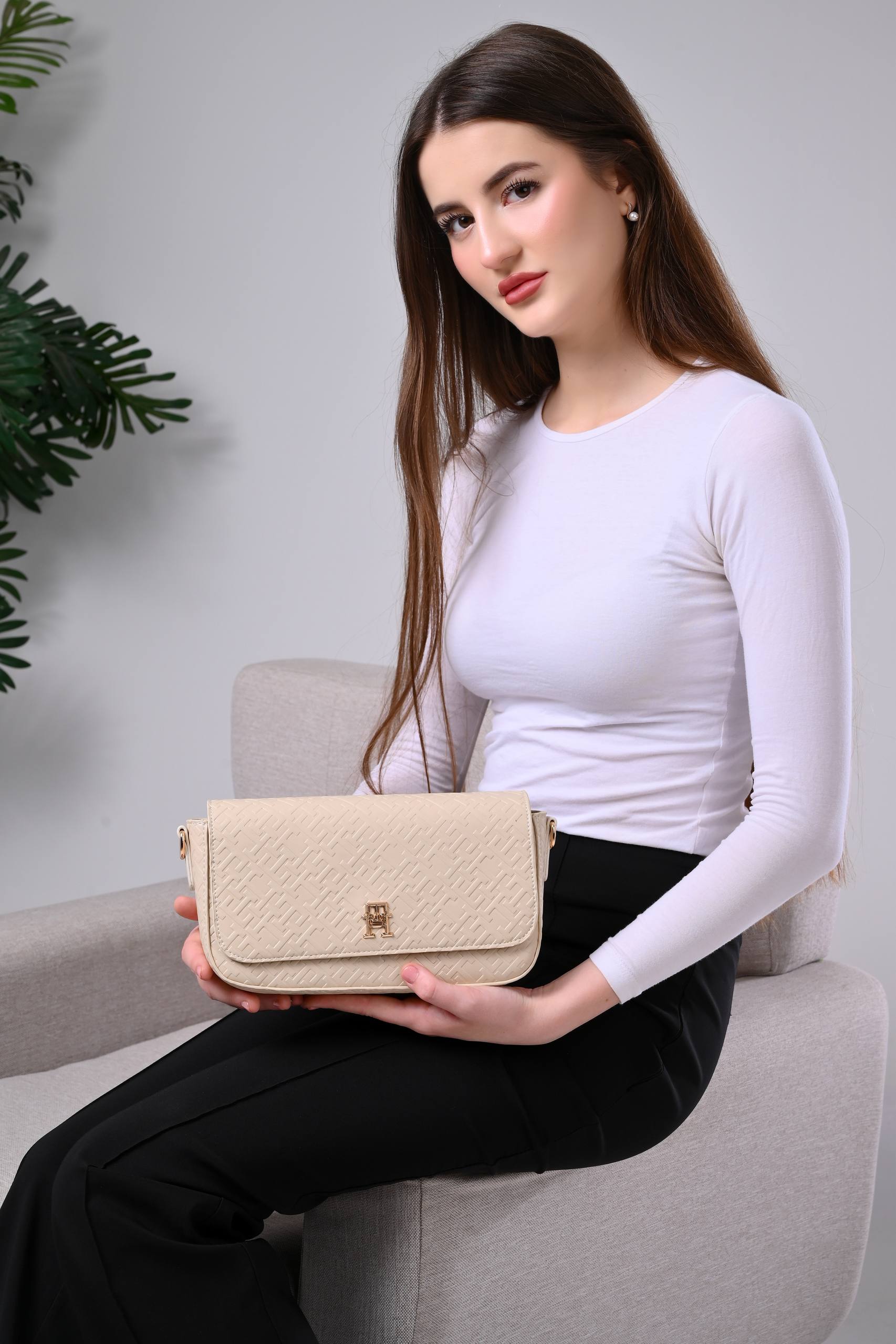 Tommy Hilfiger Beige Monogram Embossed Women’s Crossbody Bag