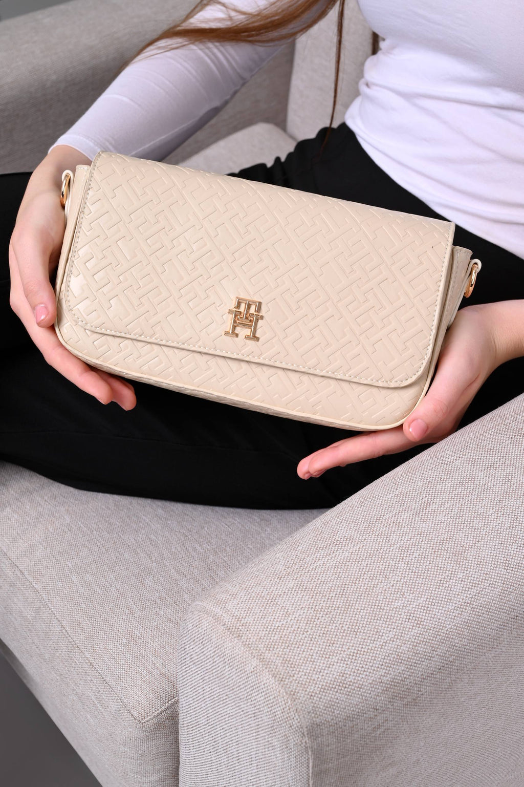 Tommy Hilfiger Beige Monogram Embossed Women’s Crossbody Bag