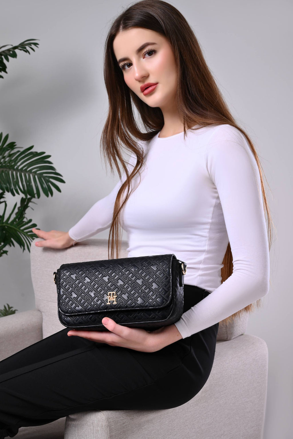 Tommy Hilfiger Black Monogram Embossed Women’s Crossbody Bag