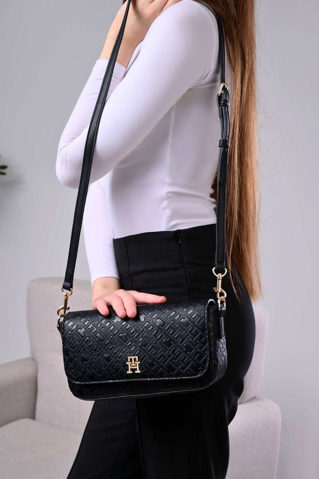 Tommy Hilfiger Black Monogram Embossed Women’s Crossbody Bag