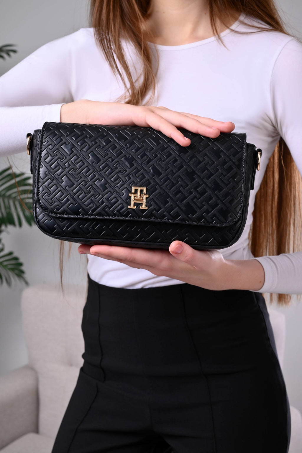 Tommy Hilfiger Black Monogram Embossed Women’s Crossbody Bag