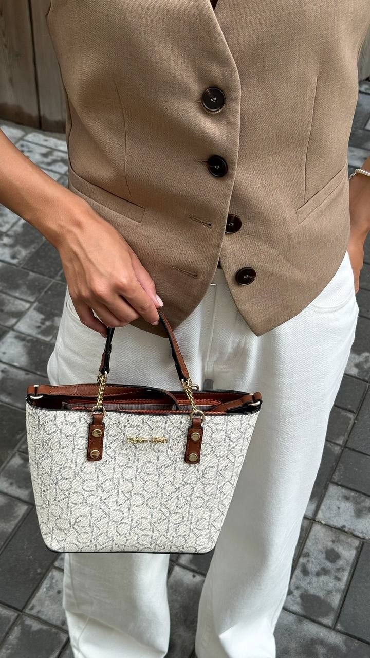 Calvin Klein Monogram Tote Bag Small Handbag Women - White\Brn