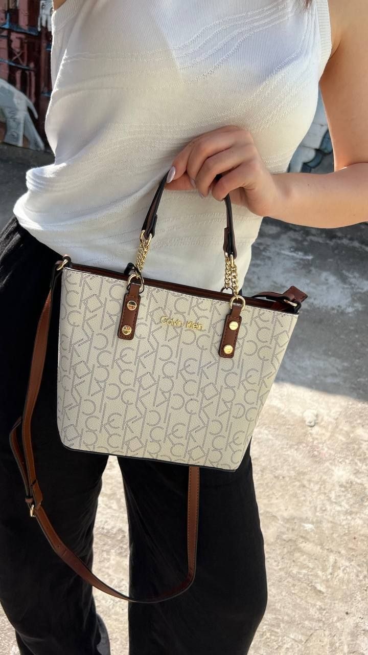 Calvin Klein Monogram Tote Bag Small Handbag Women - White\Brn