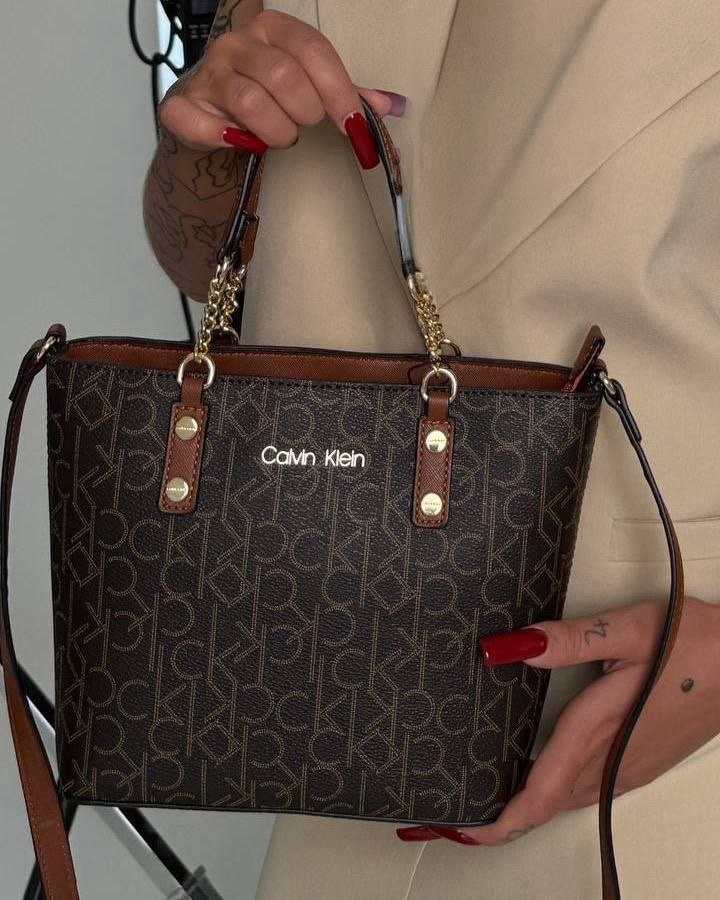 Calvin Klein Monogram Tote Bag Small Handbag Women - Brown