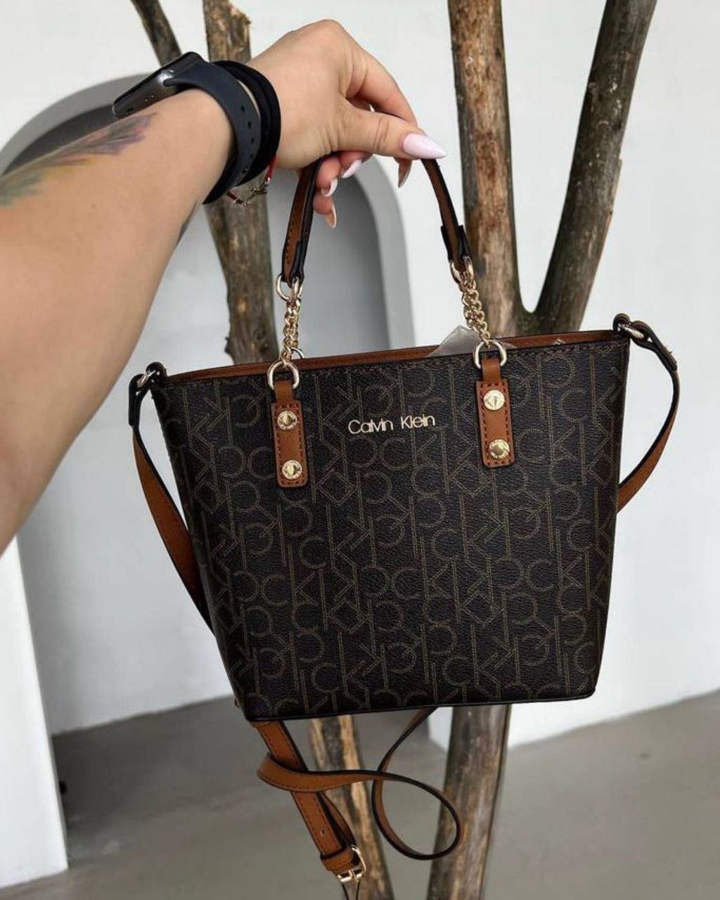 Calvin Klein Monogram Tote Bag Small Handbag Women - Brown
