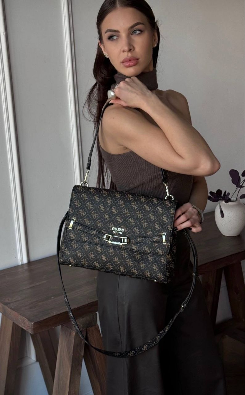 Guess Women’s Monogram Saddle Crossbody Bag – Brown Elegant Flap Bag with Gold Hardware