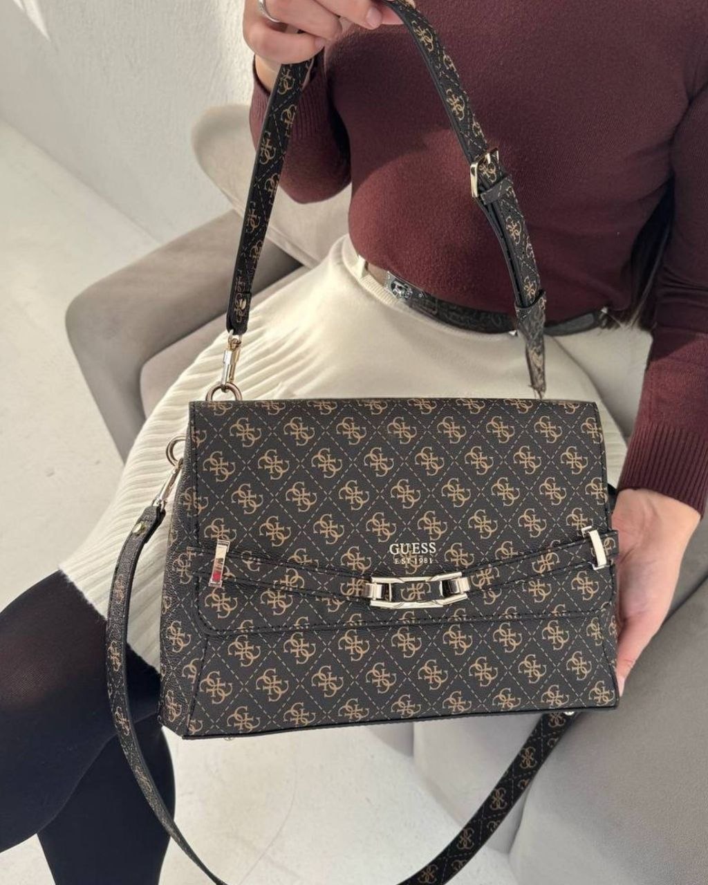Guess Women’s Monogram Saddle Crossbody Bag – Brown Elegant Flap Bag with Gold Hardware