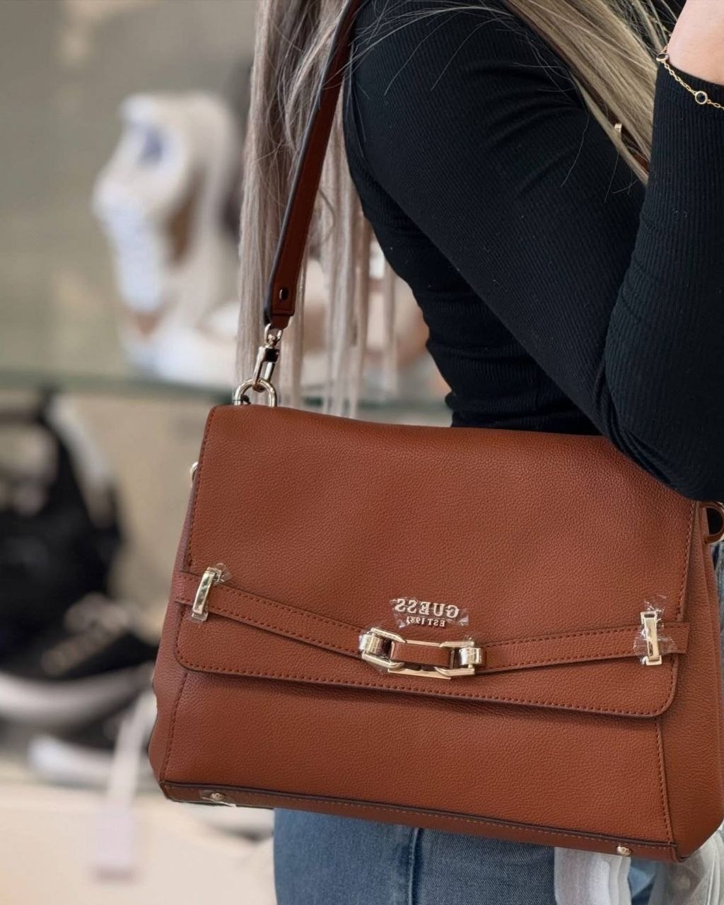 Guess Silvye Flap Shoulder Bag Brown Tan