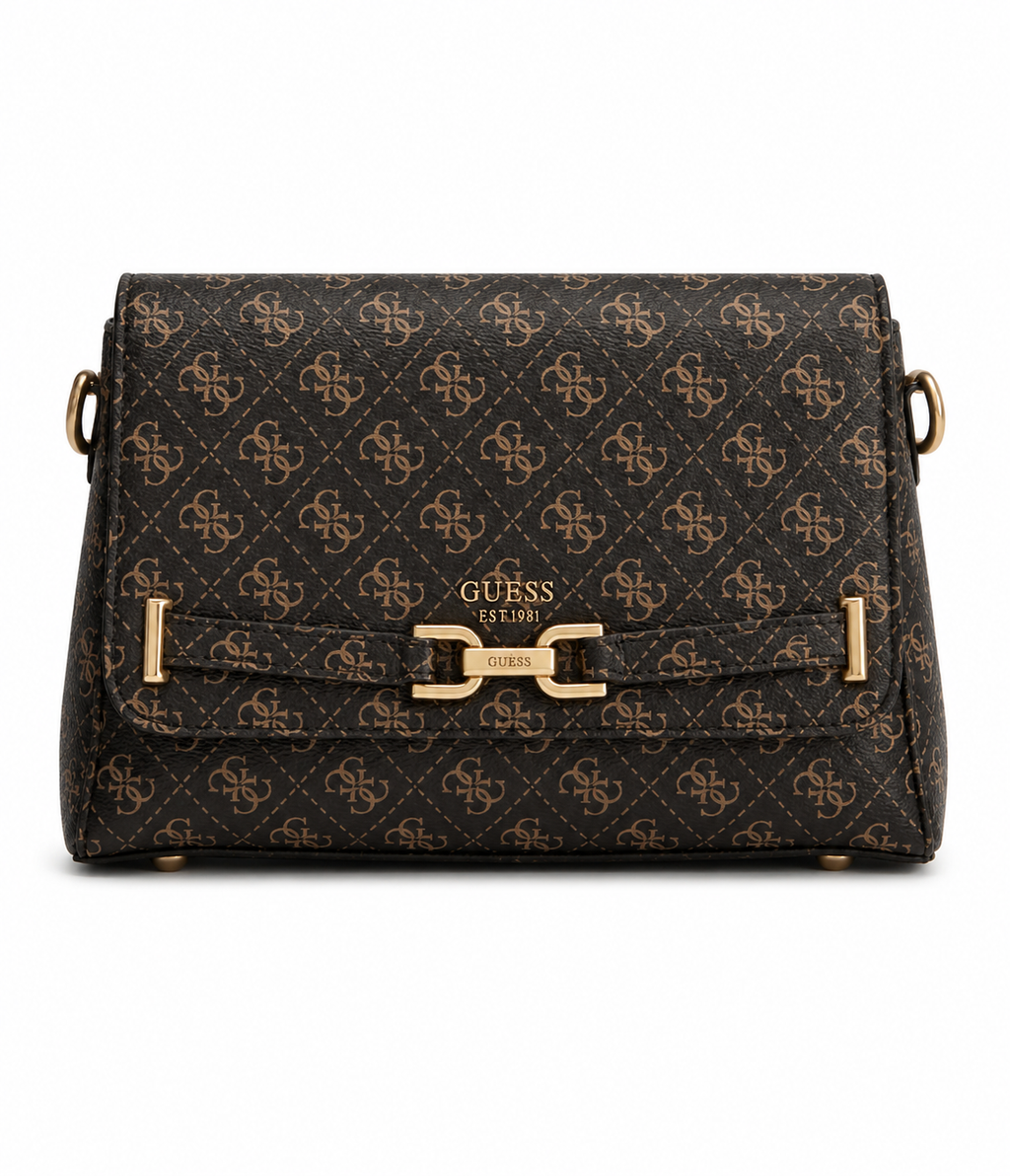 Guess Women’s Monogram Saddle Crossbody Bag – Brown Elegant Flap Bag with Gold Hardware