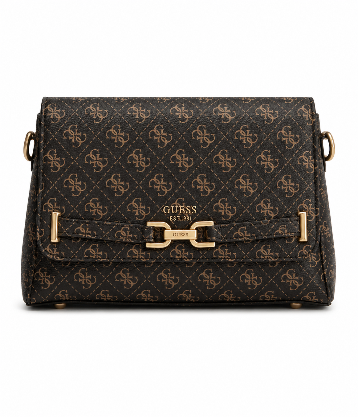 Guess Women’s Monogram Saddle Crossbody Bag – Brown Elegant Flap Bag with Gold Hardware