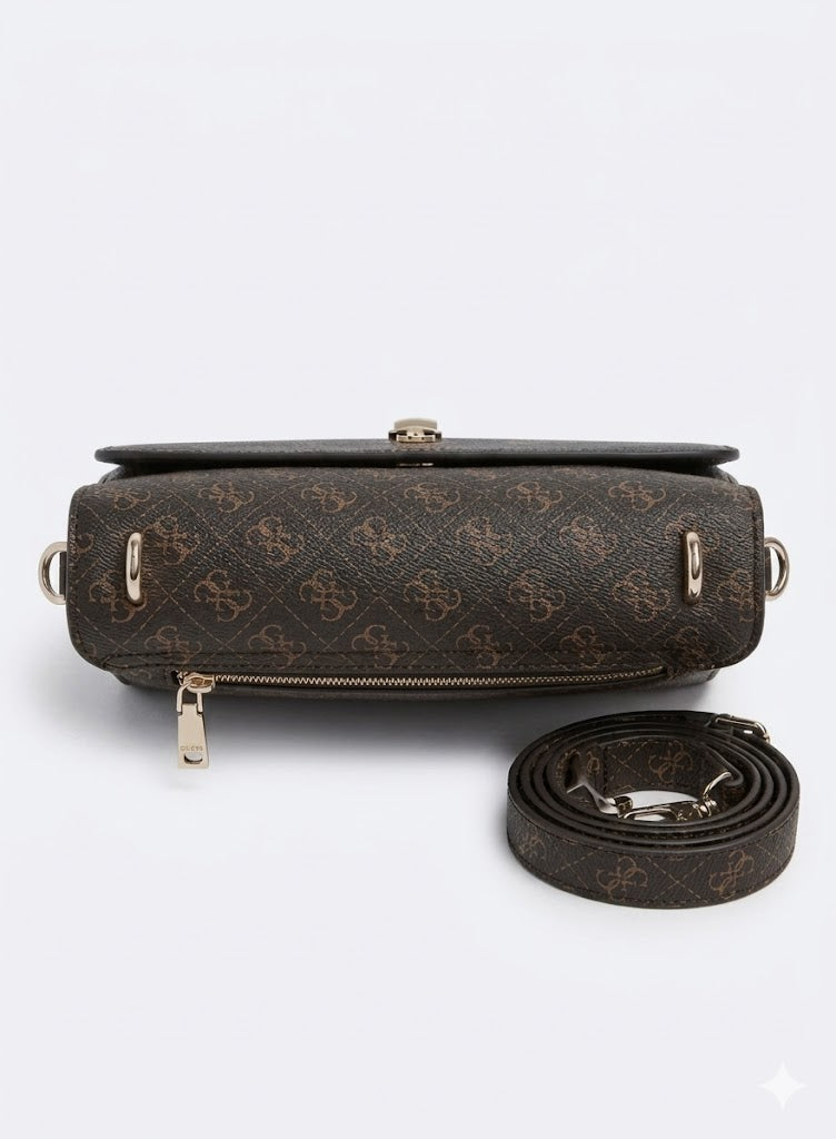 Guess Women’s Monogram Saddle Crossbody Bag – Brown Elegant Flap Bag with Gold Hardware