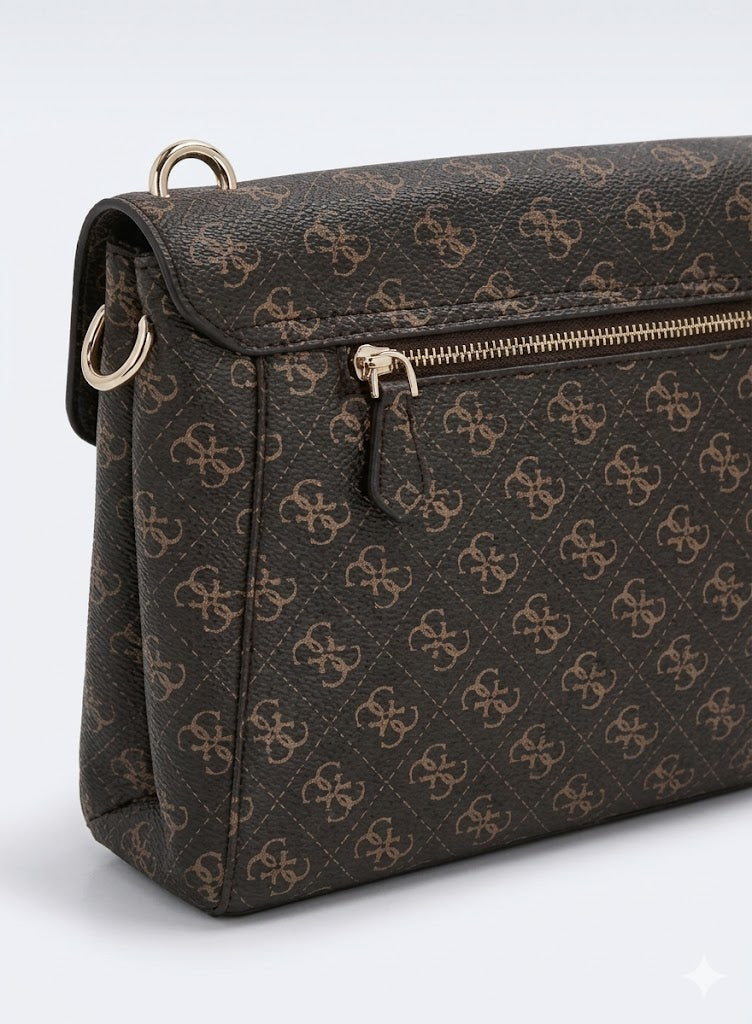 Guess Women’s Monogram Saddle Crossbody Bag – Brown Elegant Flap Bag with Gold Hardware