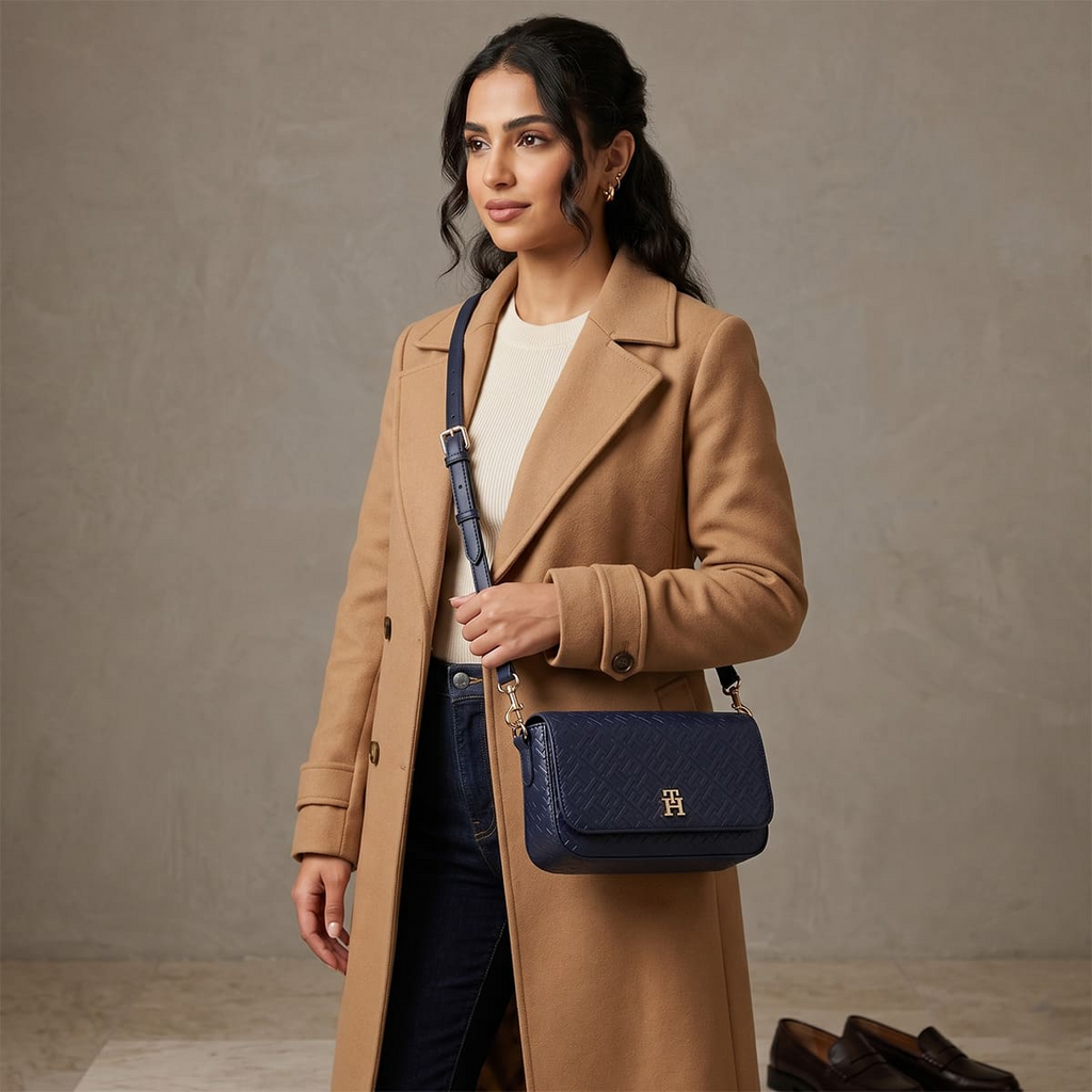 Tommy Hilfiger Navy Blue Monogram Embossed Women’s Crossbody Bag