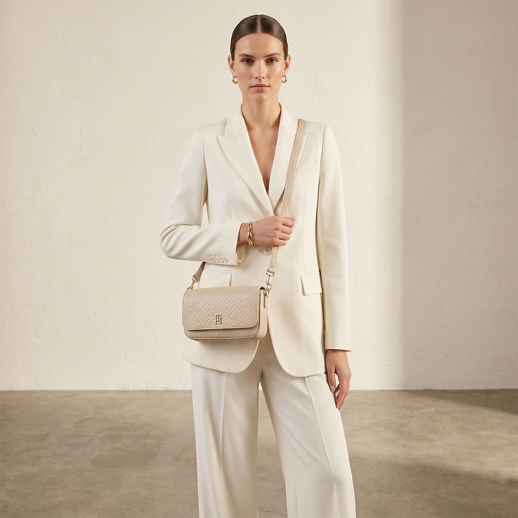 Tommy Hilfiger Beige Monogram Embossed Women’s Crossbody Bag