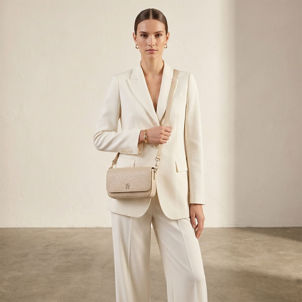 Tommy Hilfiger Beige Monogram Embossed Women’s Crossbody Bag