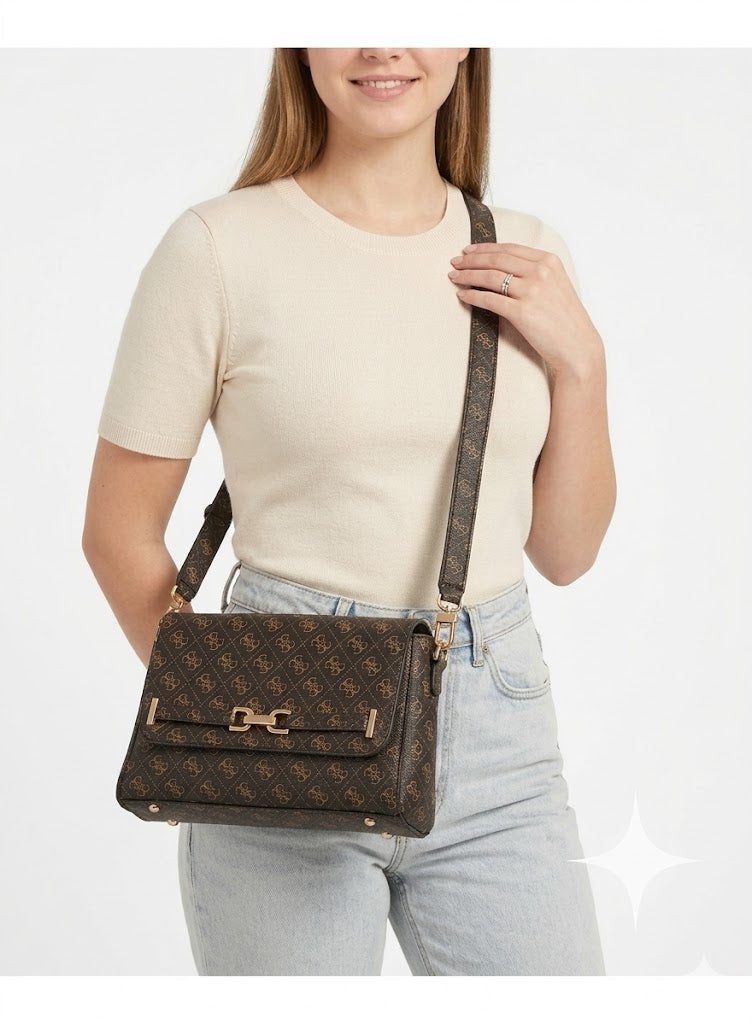 Guess Women’s Monogram Saddle Crossbody Bag – Brown Elegant Flap Bag with Gold Hardware