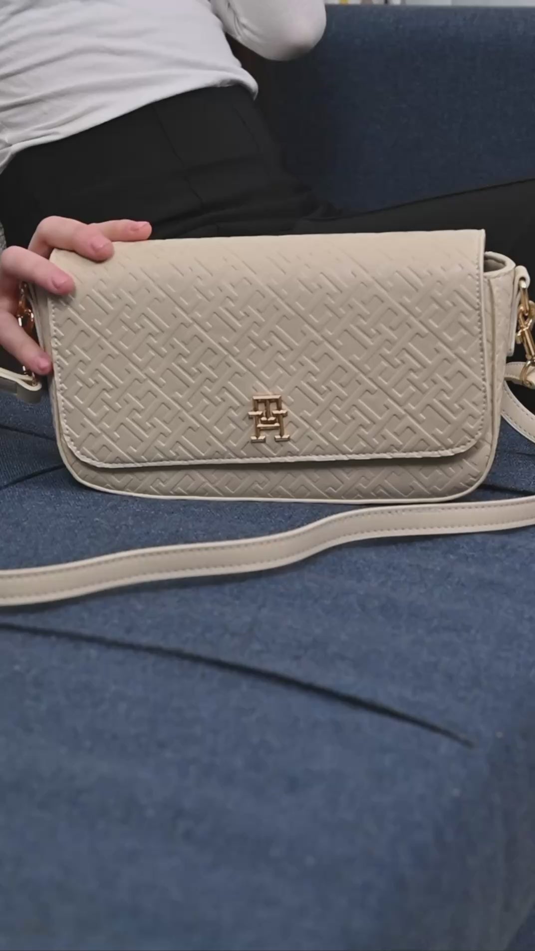 Tommy Hilfiger Beige Monogram Embossed Women’s Crossbody Bag