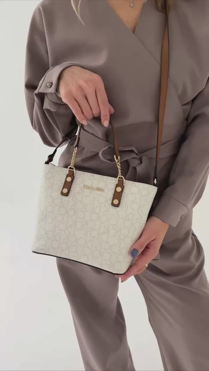 Calvin Klein Monogram Tote Bag Small Handbag Women - White\Brn