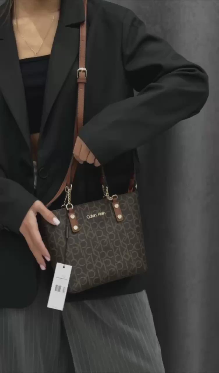 Calvin Klein Monogram Tote Bag Small Handbag Women - Brown