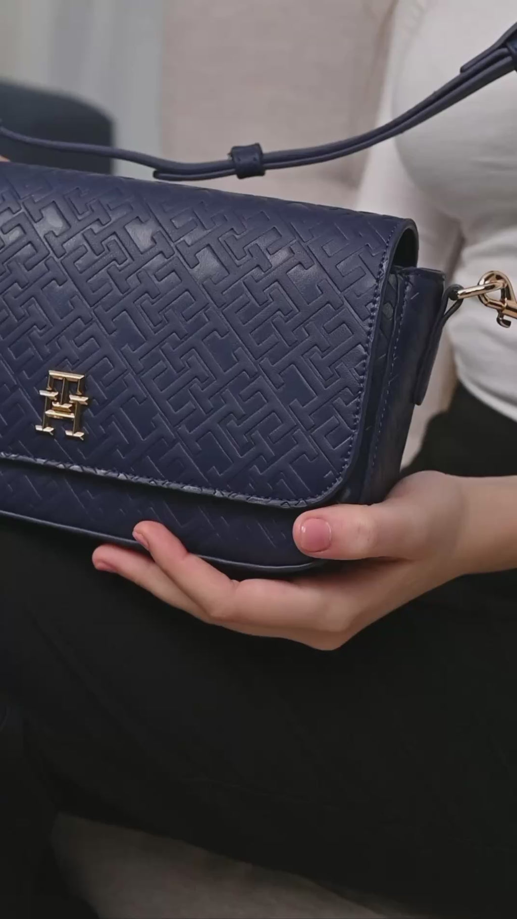 Tommy Hilfiger Navy Blue Monogram Embossed Women’s Crossbody Bag