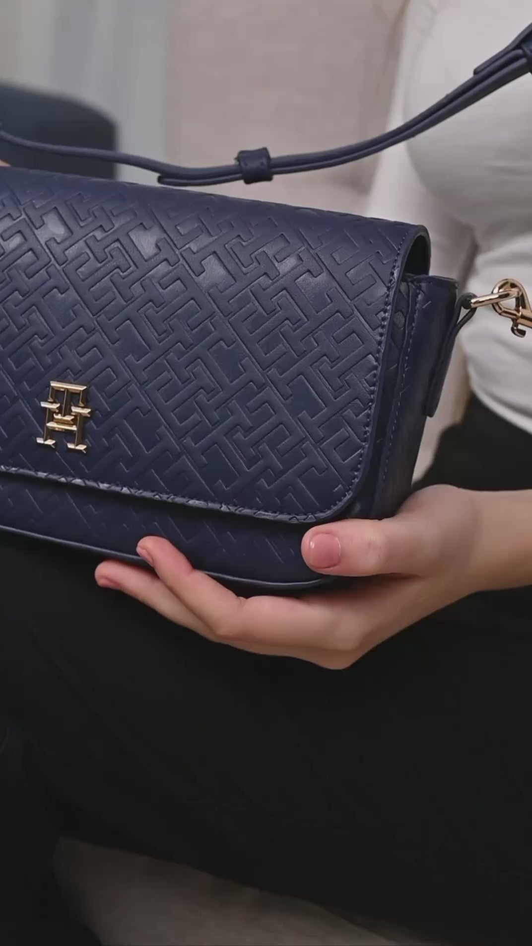 Tommy Hilfiger Navy Blue Monogram Embossed Women’s Crossbody Bag